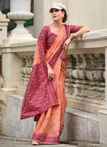 Soft Linen Cotton Peach Casual Wear Printed Saree